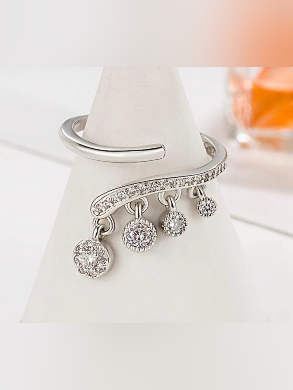 Silver Dangle ring with Clear Crystal Accents